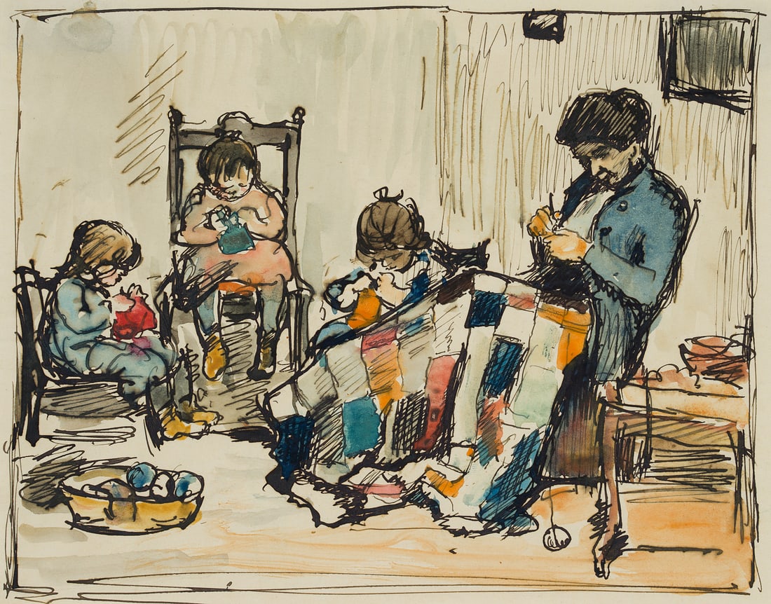 F. BALZER (1872-1916), Mum crocheting, around 1900, Pen drawing: Ferdinand Balzer (1872 Frankfurt on the Main - 1916 ibid.): Mother crocheting with playing children, c. 1900, Pen drawing Technique: Watercolored Pen drawingWatercolor on Paper Stamp: Verso Estate sta