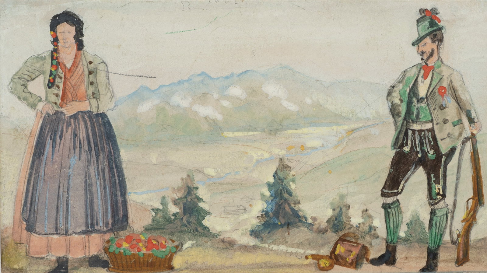 F. BORCHERT (1886-1945), Scene depicting Tyrolean traditional dress, around 1920, Gouache (1 of 5)