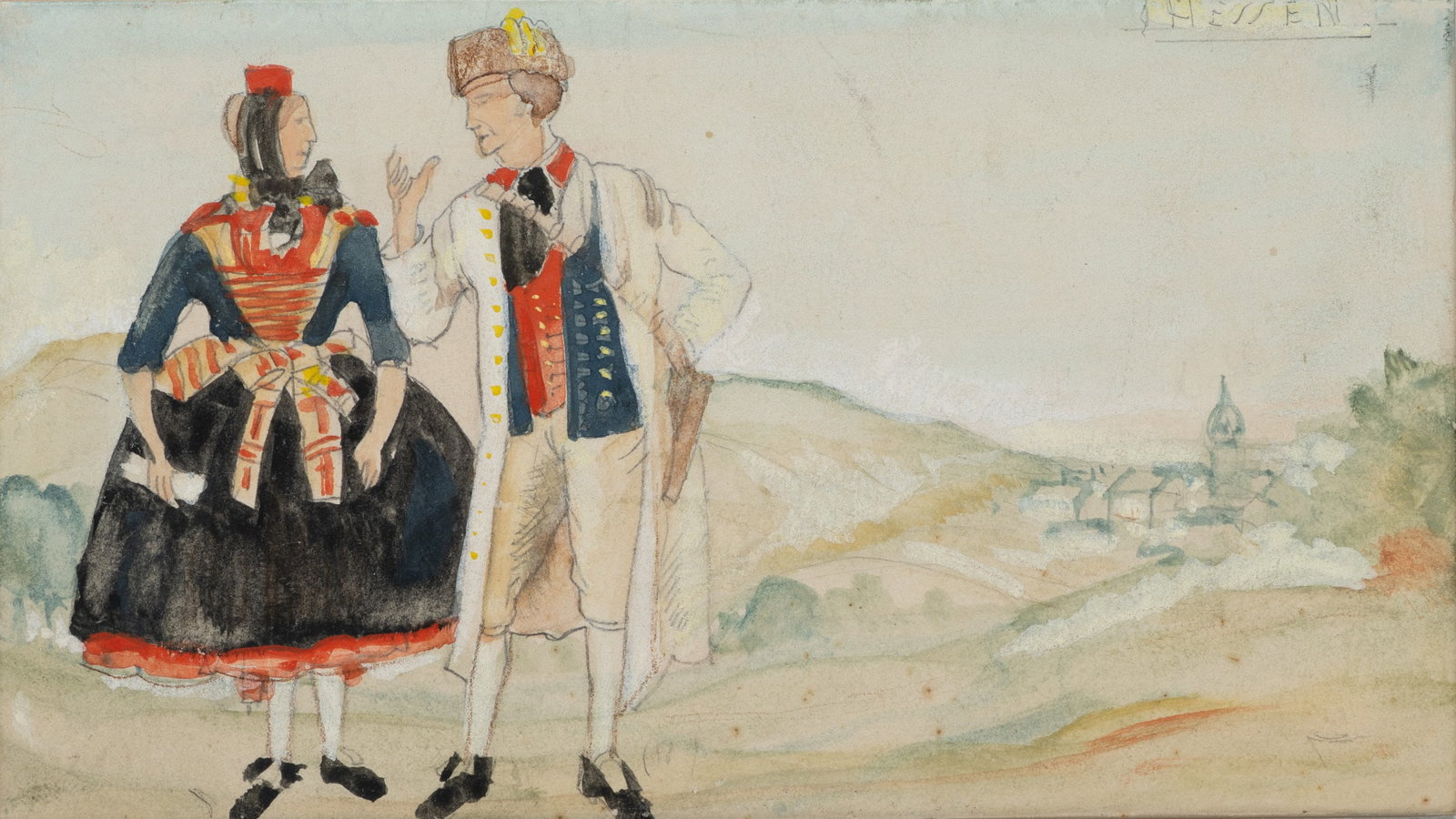 F. BORCHERT (1886-1945), A couple in Hessian traditional dress., around 1920, Gouache: Fritz Borchert (1886 Berlin - 1945 ibid.): Couple in traditional Hessian costume Couple in traditional dress in a rural setting, c. 1920, Gouache Technique: Gouache on Cardboard Stamp: Verso Estate st