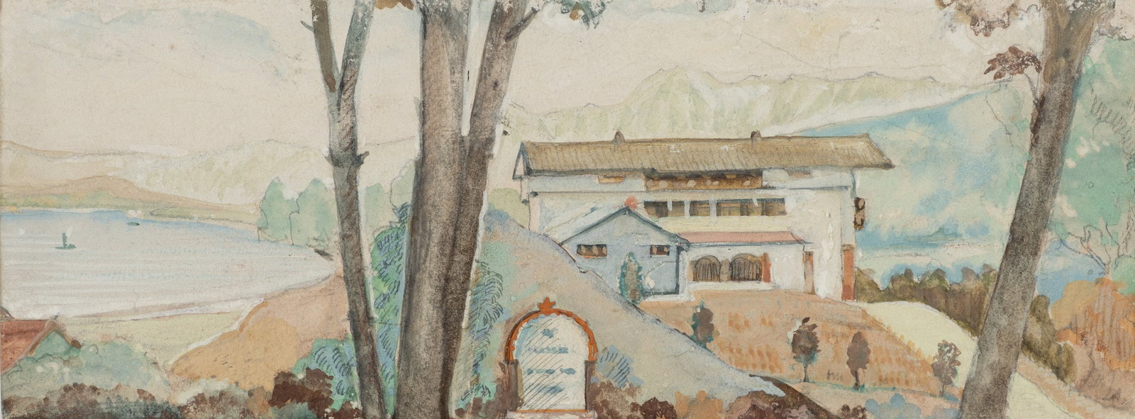 F. BORCHERT (1886-1945), House by the lake with mountains, around 1920, Gouache: Fritz Borchert (1886 Berlin - 1945 ibid.): Lake house with mountains Idyllic house by the lake against a mountain backdrop, c. 1920, Gouache Technique: Gouache on Cardboard Stamp: Verso Estate stamp, 