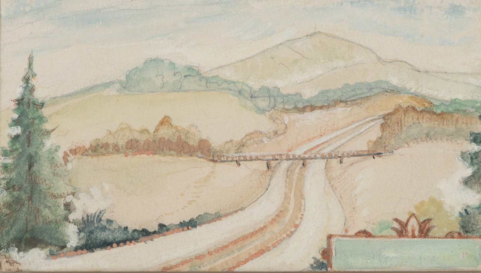 F. BORCHERT (1886-1945), Landscape with an old motorway, around 1920, Gouache: Fritz Borchert (1886 Berlin - 1945 ibid.): Landscape with early motorway Idyllic landscape with winding road and bridge, c. 1920, Gouache Technique: Gouache on Cardboard Stamp: Verso Estate stamp, Fri