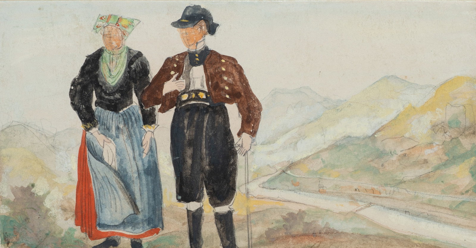 F. BORCHERT (1886-1945), A couple in traditional dress against a backdrop of low mountain ranges, ar: Fritz Borchert (1886 Berlin - 1945 ibid.): Couple in traditional costume in front of low mountain range Couple in traditional costume in front of a mountain panorama, c. 1920, Gouache Technique: Gouac