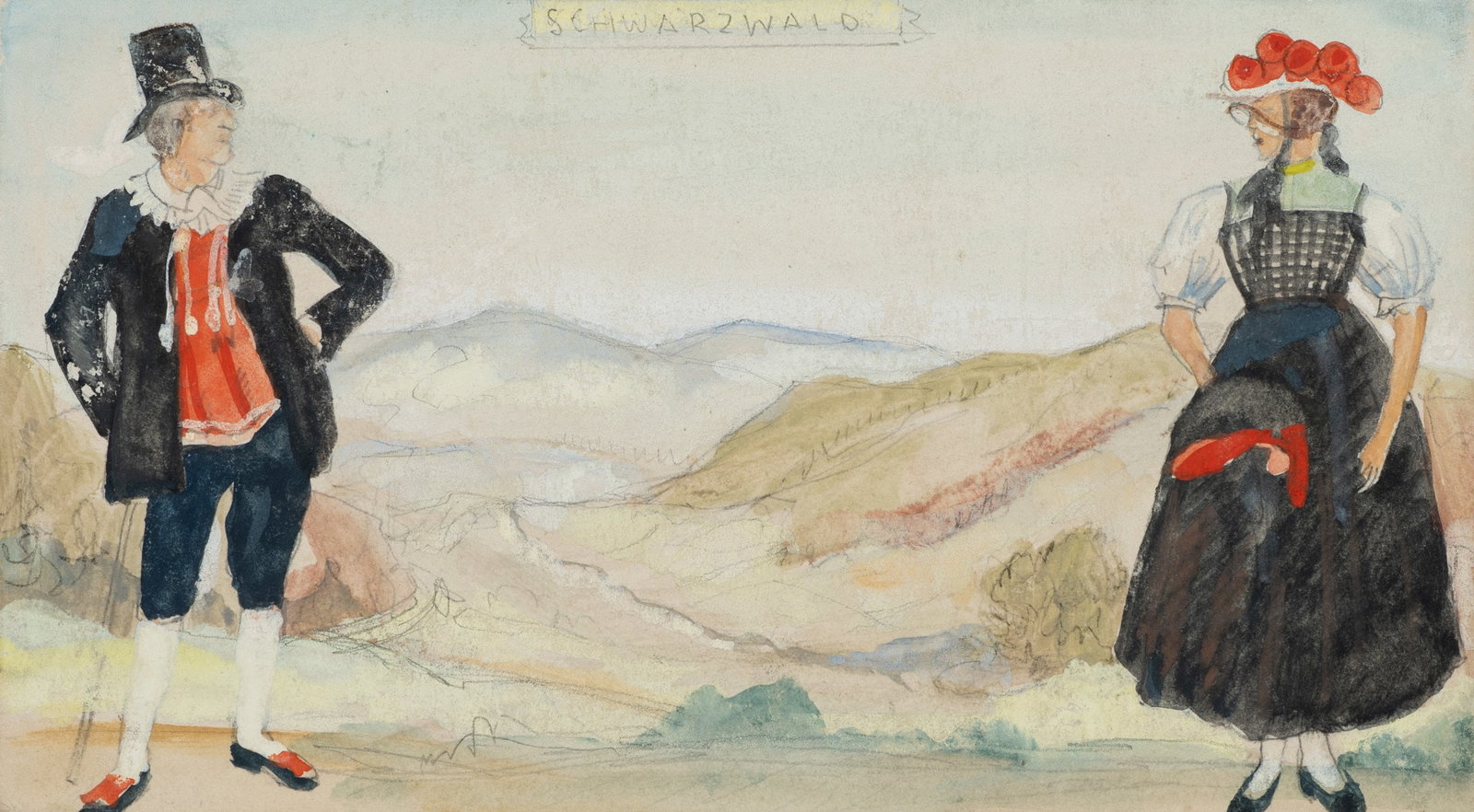 F. BORCHERT (1886-1945), A couple in Black Forest traditional dress, around 1920, Gouache (1 of 5)