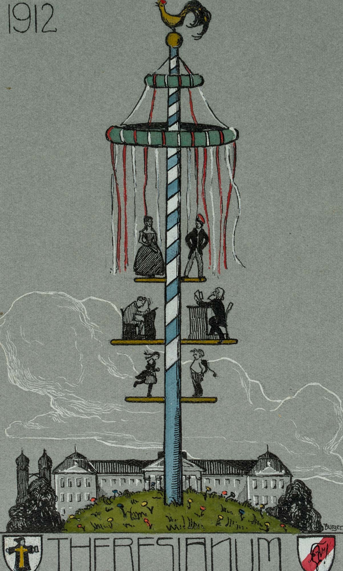 O. BURGER (1892-1968), Theresianum with the Maypole, 1912, Pen drawing (1 of 4)