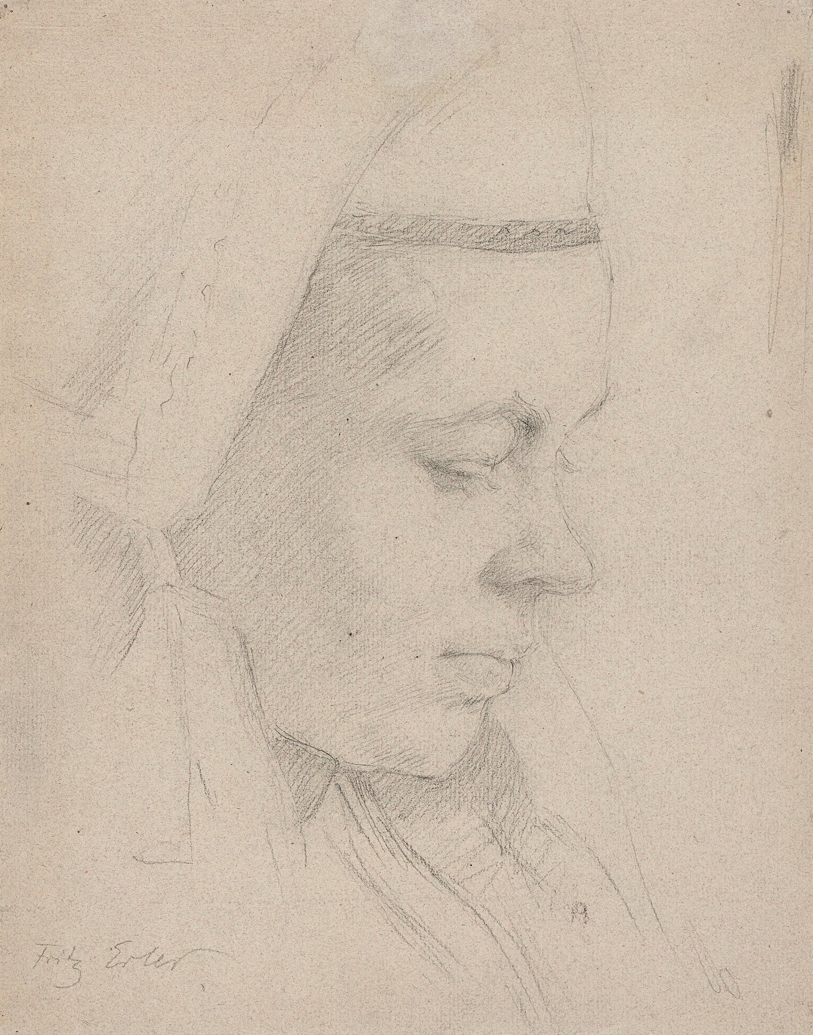 F. ERLER (1868-1940), Girl wearing a traditional bonnet, Pencil: Fritz Erler (1868 Frankenstein/Silesia - 1940 Munich): Portrait of a girl with a traditional costume bonnet, 20th century, Pencil Technique: Pencil on Paper Inscription: lower left signed: "Fritz Erle