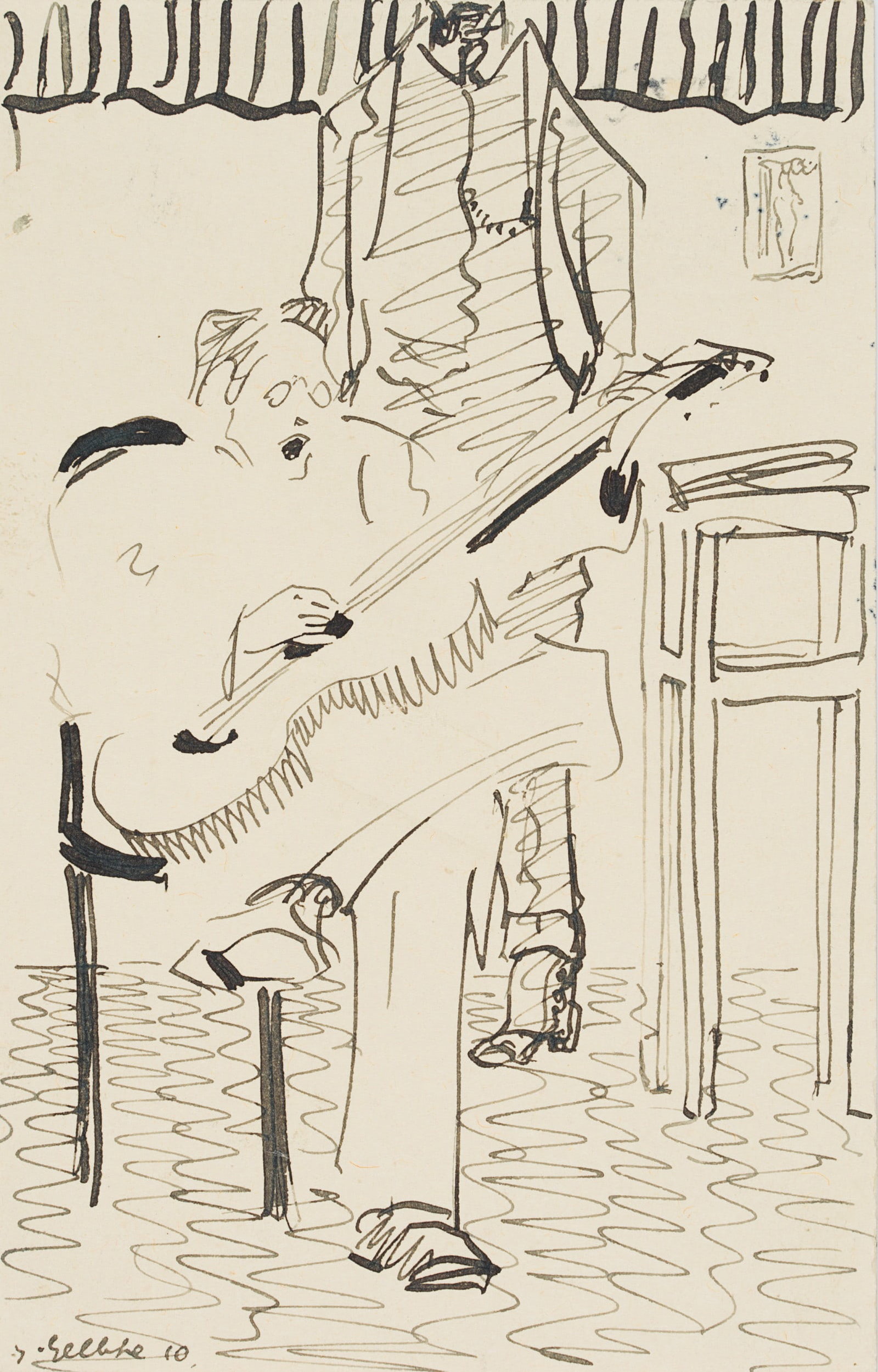 G. GELBKE (1882-1947), Postcard featuring a guitarist, 1910, Pen drawing: Georg Hermann Gelbke (1882 Rochlitz - 1947 Dresden): Postcard with guitarist to F Schreiber, 1910, Pen drawing Technique: Pen drawing on Paper Inscription: lower left signed: "GGelbke.". lower left da