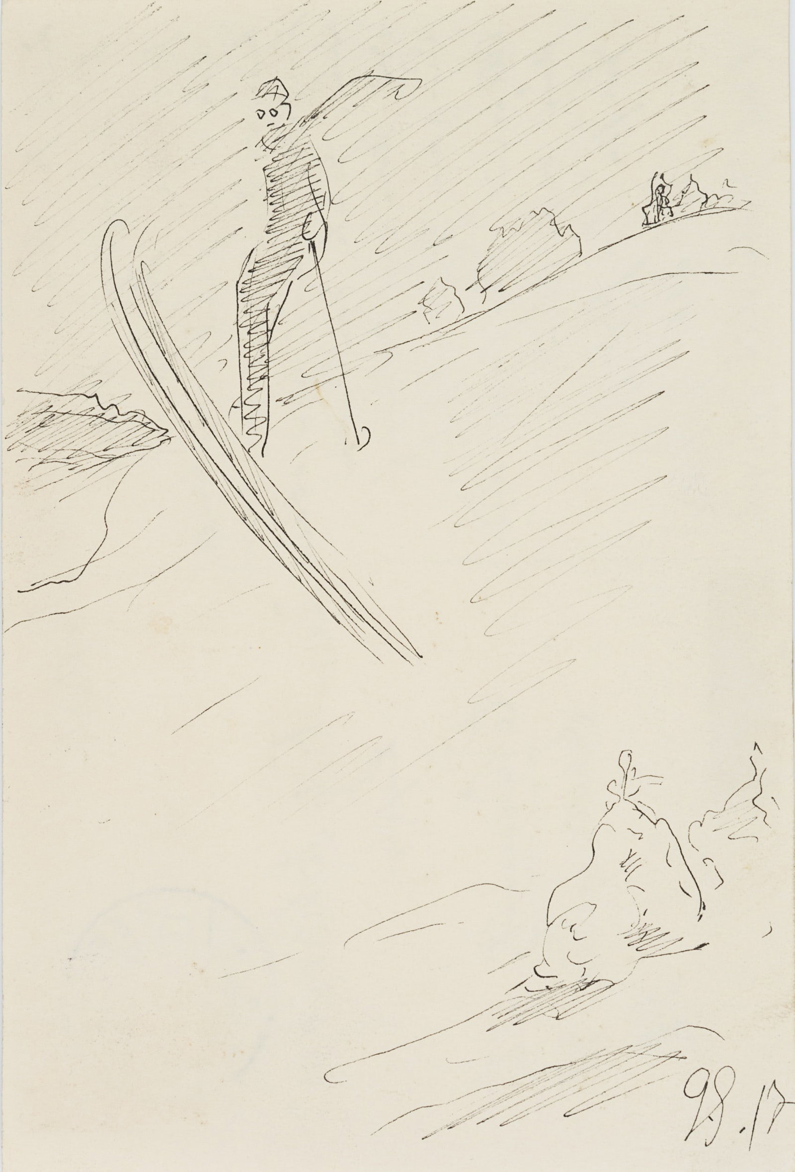 G. GELBKE (1882-1947), Postcard featuring a skier, 1917, Pen drawing: Georg Hermann Gelbke (1882 Rochlitz - 1947 Dresden): Postcard with skier to F Schreiber, 1917, Pen drawing Technique: Pen drawing on Paper Inscription: Lower right monogrammed: "G.G.". Lower right dat