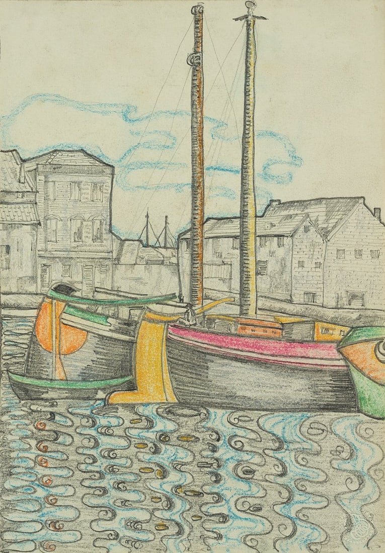M. GEWIN (1900-1976), Harbour with boats and waves, Pencil (1 of 6)