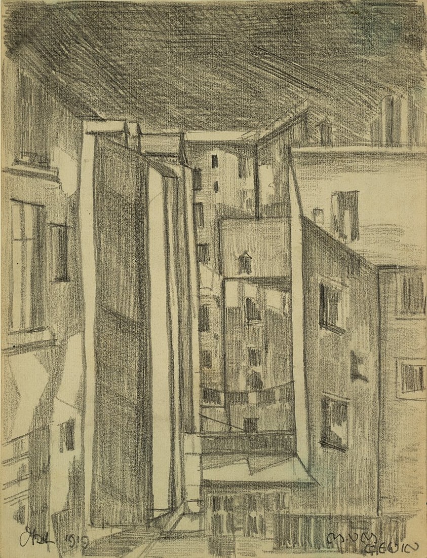 M. GEWIN (1900-1976), Urban façades with a bridge, 1919, Pencil: Marinus Ursul Maria Gewin (1900 Obermenzing near Munich - 1976 Obermenzing): Abstract depiction of urban façades with an implied bridge and geometric lines, 1919, Pencil Technique: Pencil on Pape