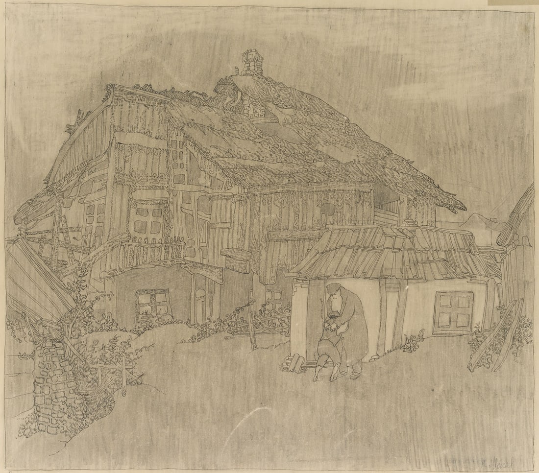 R. MASEL (19th), Grandfather and grandson in front of a farmhouse, around 1900, Pencil (1 of 6)