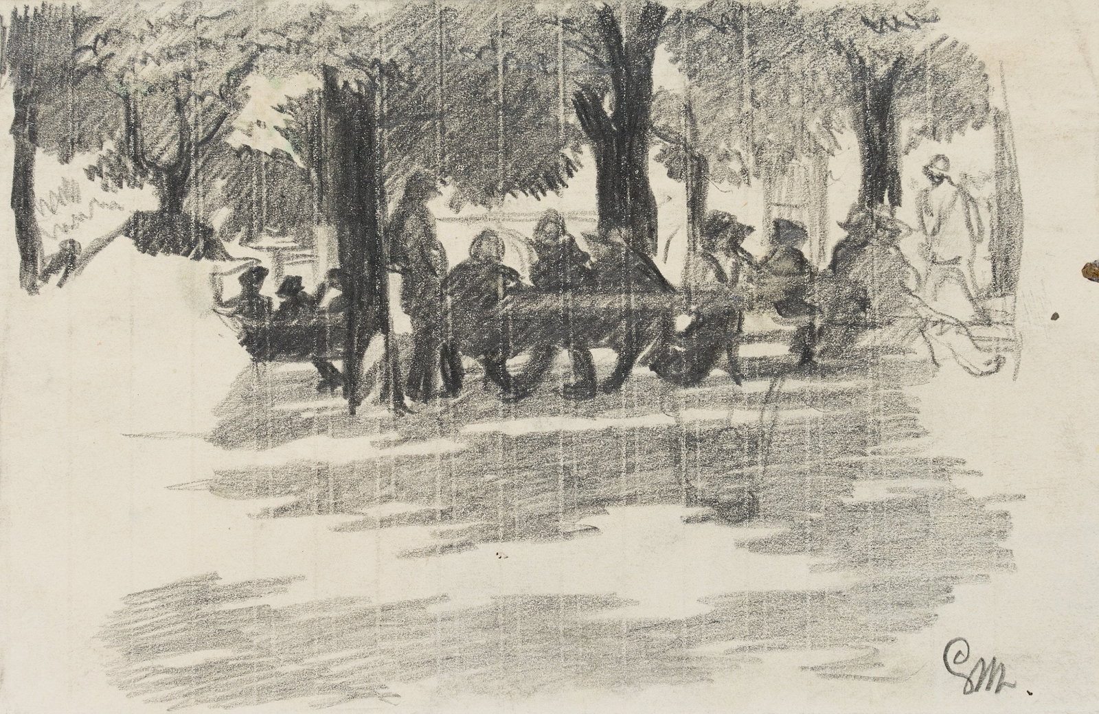 G. MAYR (1880-1916), In the beer garden, Pencil: Georg Mayr (around 1880 - 1916 ): In the beer garden Seating groups under trees, 20th century, Pencil Technique: Pencil on Paper, mounted on Cardboard Stamp: Collector's stamp, Georg und Dr. F. Wilhel
