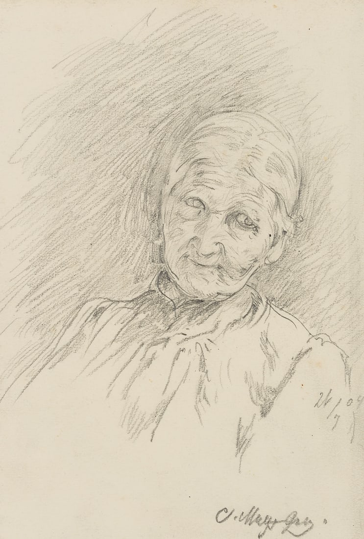 K. MAYR-GRAETZ (*1850), Portrait of the Mother, 1904, Pencil: Karl Mayr-Graetz (1850 Radkersburg - 1929 Murnau): Portrait of the Mother, 1904, Pencil Technique: Pencil on Paper, mounted on Cardboard Inscription: Lower right signed: "". Lower right dated: "26/7 0