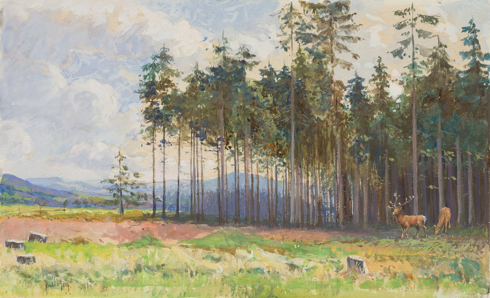 B. MÜHLIG (1829-1910), Red deer in the pine forest, 1909, Gouache: Bernhard Mühlig (1829 - 1910 ): Red deer in the pine forest, 1909, Gouache Technique: Gouache on Paper, mounted on Paper Inscription: lower left dated: "Juli 1909". Date: 1909 Description: Atmosp