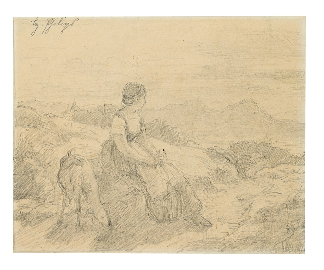 H. PHILIPS (1844-1927), The shepherdess waiting longingly, Pencil: Hermann August Philips (1844 Aachen - 1927 Munich): Longingly waiting shepherdess with sheep on a hilltop, 20th century, Pencil Technique: Pencil on Paper Inscription: signed upper left by the artist 