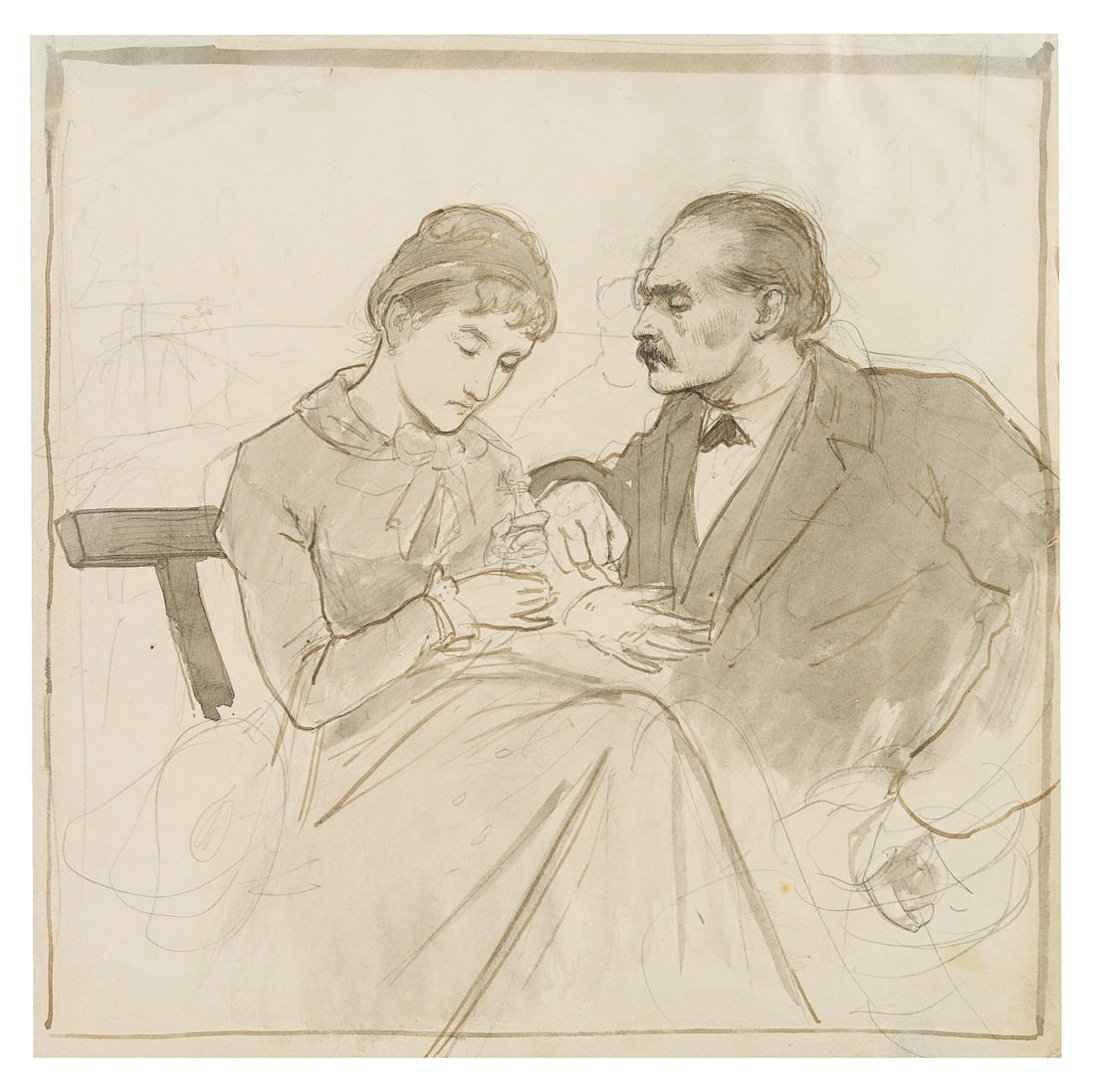 T. POECKH (1839-1921), A young woman with her husband, Pen drawing (1 of 4)