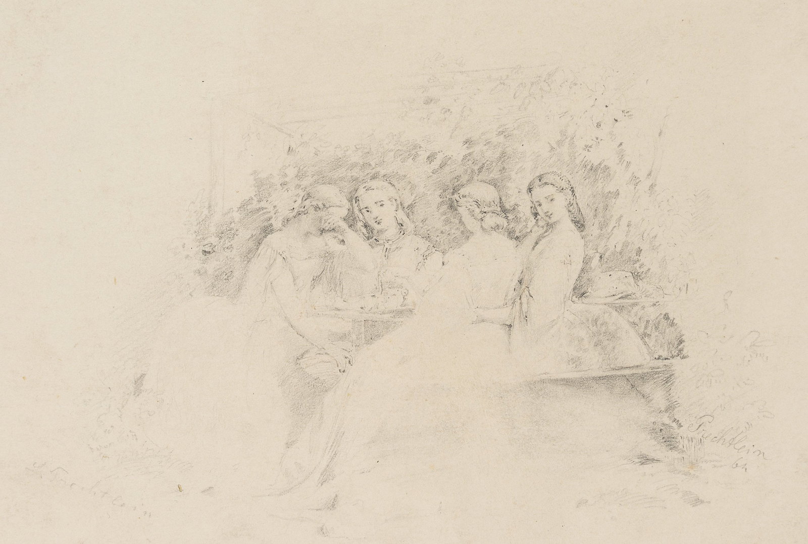 L. PRECHTLEIN (20th), Afternoon tea in the gazebo, Pencil: L. Prechtlein (20th century): Young women having afternoon tea in a gazebo, 20th century, Pencil Technique: Pencil on Paper Stamp: Verso Collector's stamp, Georg und Dr. F. Wilhelm Denzel. Munich. 20t