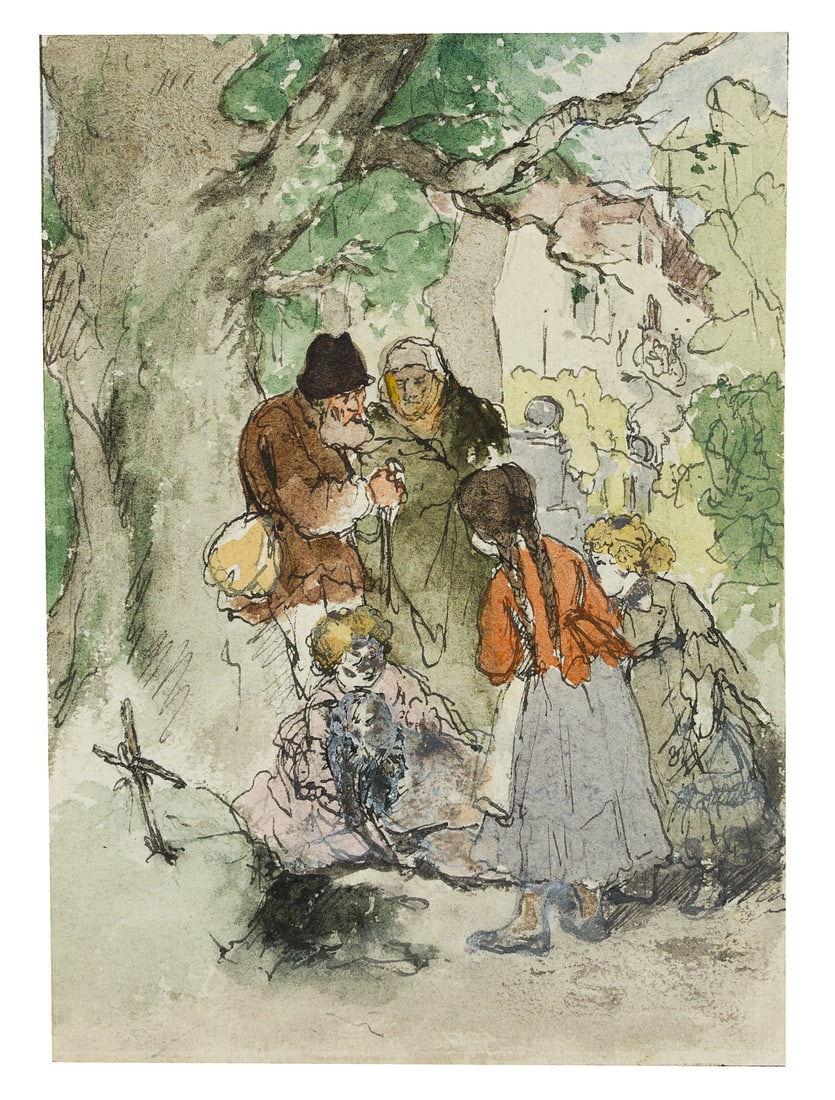 L. RACH (1853-1930), A funeral under the oak tree, Pen drawing: Ludwig Rach (1853 Hattersheim - around 1930 ): Funeral under the oak tree Small mourners with children, 20th century, Pen drawing Technique: Watercolored Pen drawing on Paper Stamp: Verso Collector's 