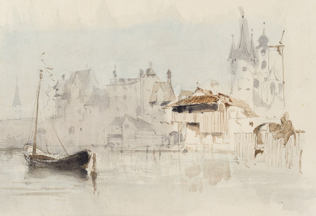 J. SCHARPF (1847-1930), Town on the river, Brush drawing (1 of 5)