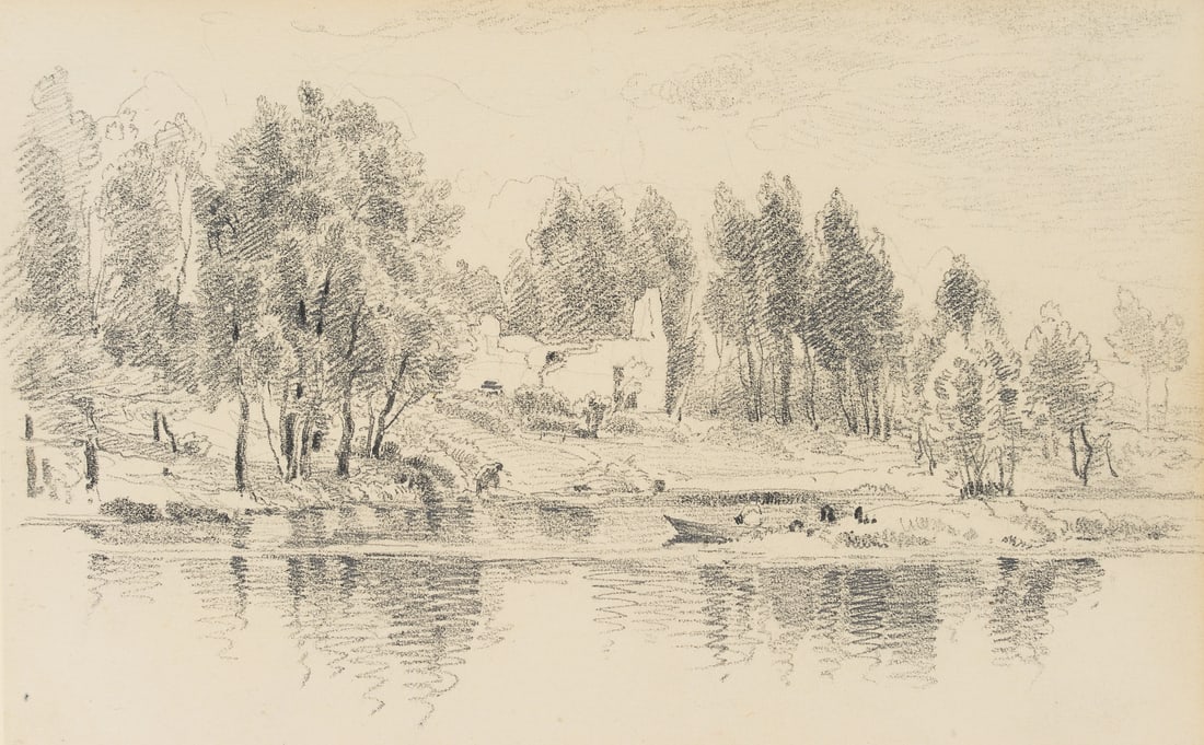 J. SCHARPF (1847-1930), Ruins by the river, Pencil: Josef Scharpf (1847 Biberachunkn. - 1930 England): Ruin on the river with figures and small barge, 20th century, Pencil Technique: Pencil on Paper Date: 20th century Description: In the midst of a gro