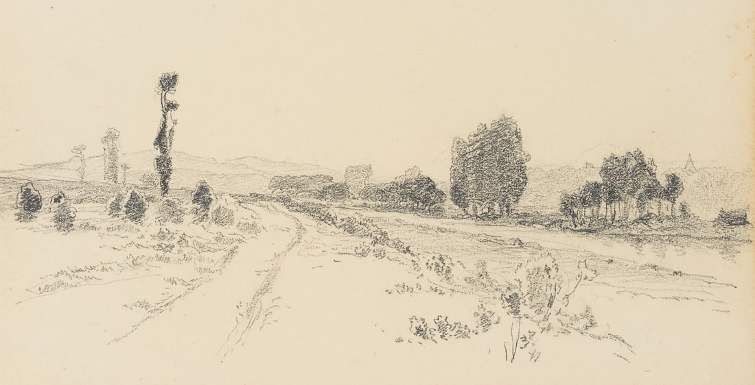 J. SCHARPF (1847-1930), Country road by the river, Pencil: Josef Scharpf (1847 Biberachunkn. - 1930 England): Country road by the river in barren heathland, 20th century, Pencil Technique: Pencil on Paper Date: 20th century Description: A wide view of a flat 