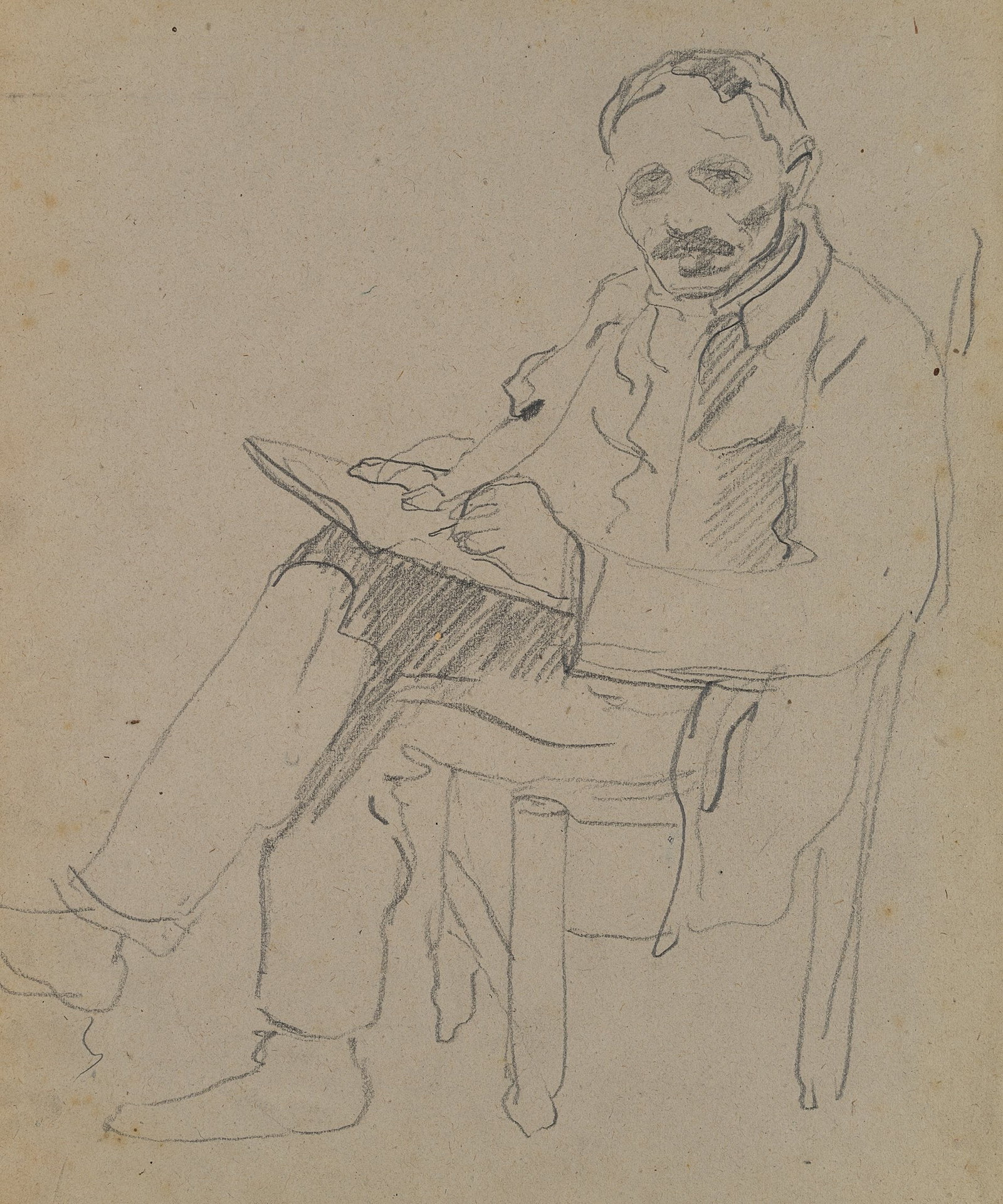 P. SCHROETER (*1866), Seated self-portrait with a sketchpad and a pipe, 1911, Pencil (1 of 4)