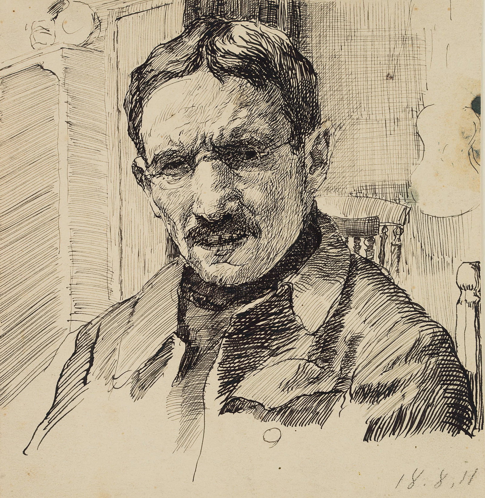 P. SCHROETER (*1866), Self-Portrait with a Violin, 1911, Pen drawing (1 of 4)