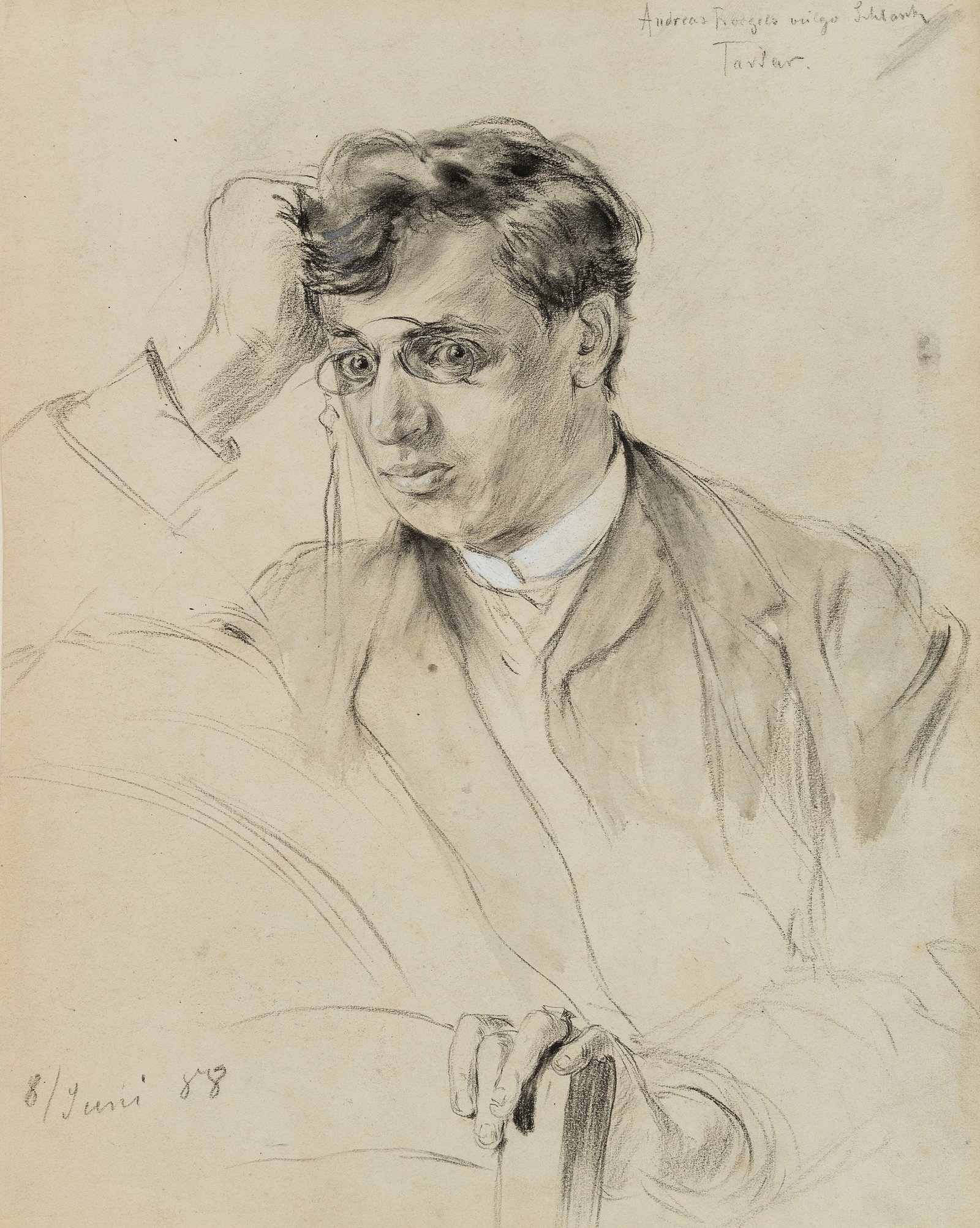 P. SCHROETER (*1866), A profile of the painter Andreas Roegels, 1888, Pencil: Paul K. Alfred Schroeter (1866 Posen - 1946 Linow): Portrait of the artist Andreas Roegels, 1888, Pencil Technique: White heightened Pencil on Paper Stamp: Verso Estate stamp, Nachlaß Paul Schr&#