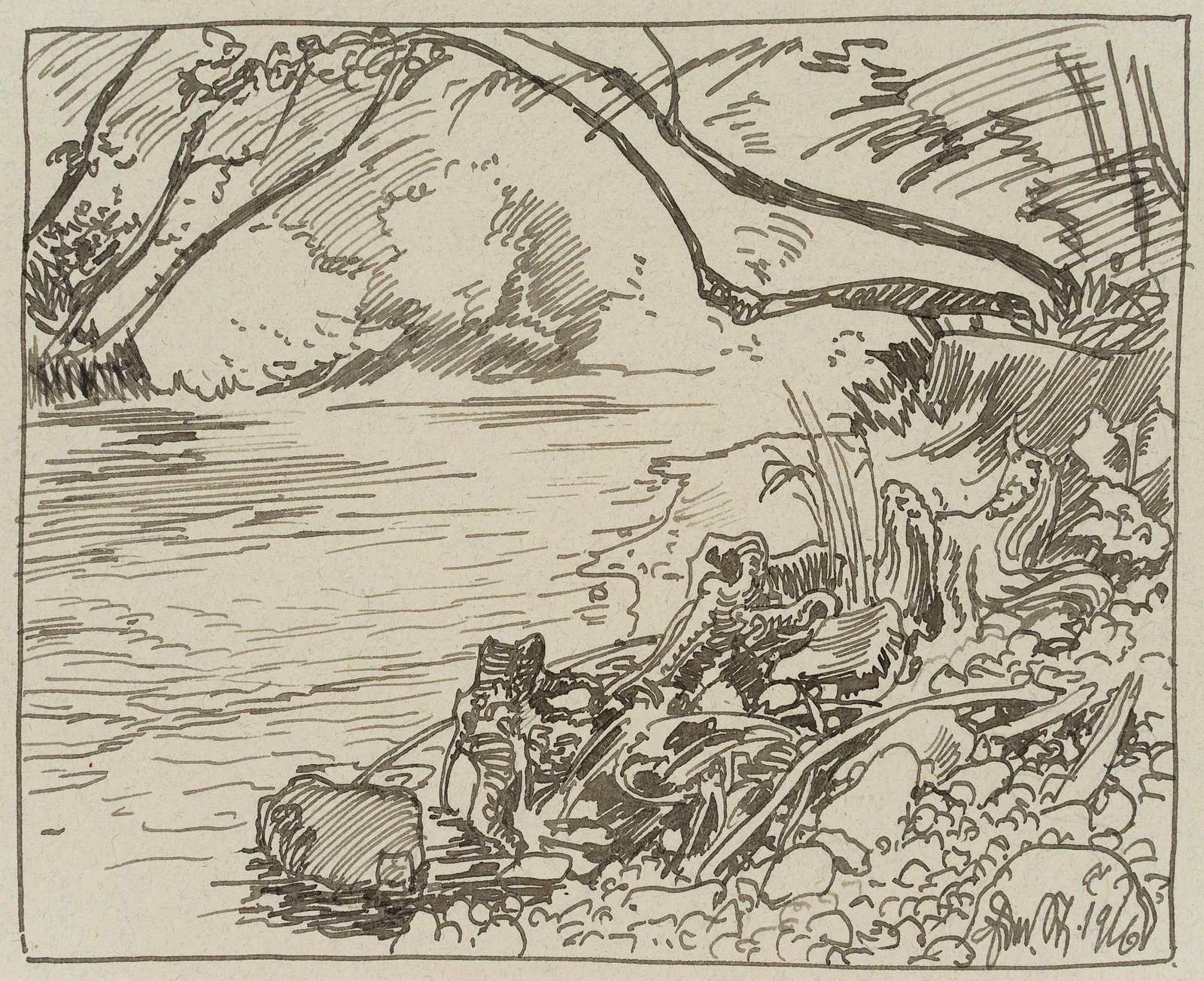 E. STEPPES (1873-1968), the bank of a river, 1916, Pen drawing (1 of 4)
