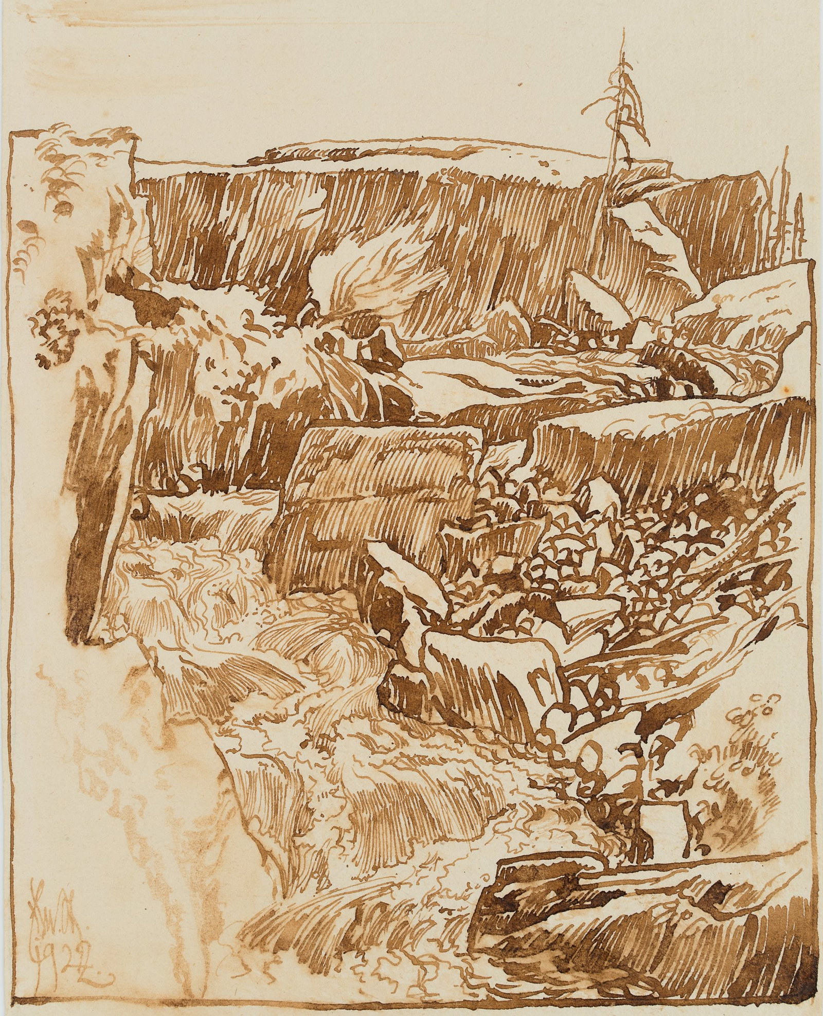 E. STEPPES (1873-1968), A torrential stream between the rocks, 1922, Pen drawing: Edmund Steppes (1873 Burghausen - 1968 Deggendorf): A torrential stream between the rocks, 1922, Pen drawing Technique: Pen drawing on Paper Inscription: lower left signed: "Edm. St.". lower left date