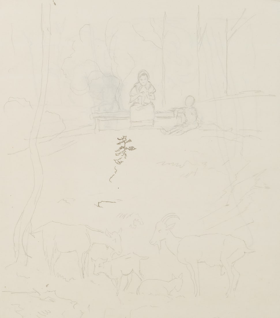 H. THOMA (1839-1924), A forest clearing with figures and goats, Pencil (1 of 5)