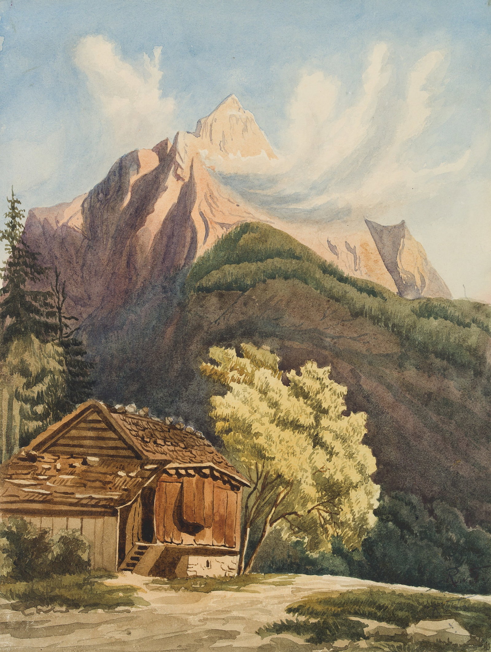 R. TÜRCKE (1839-1915), Mountain landscape in the Allgäu with a hut, Watercolor: Rudolf von Türcke (1839 - 1915 ): Mountain landscape in the Allgäu with a hut, 20th century, Watercolor Technique: Watercolor on Paper, mounted on Paper Date: 20th century Description: View 