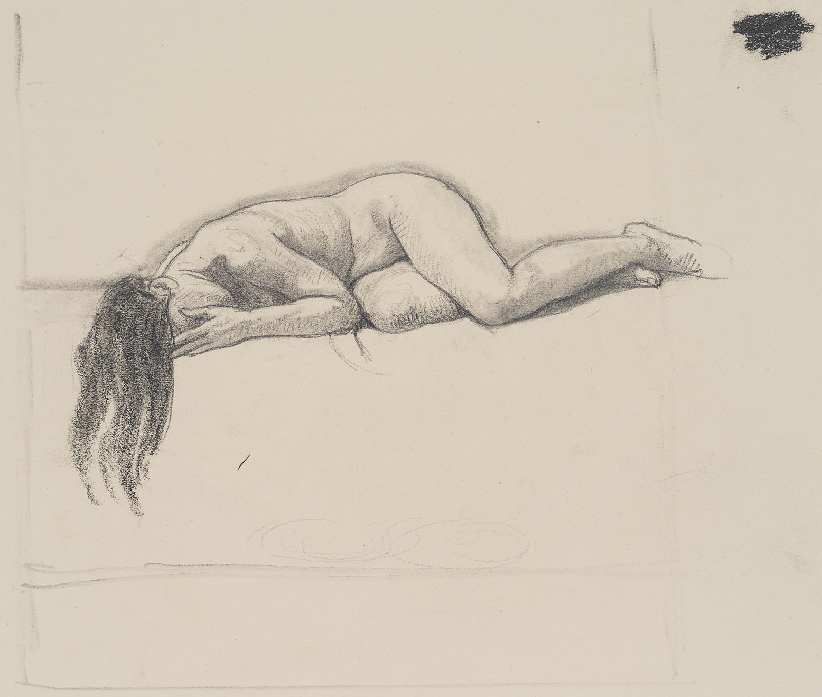 C. WALTHER (1880-1954), Mourner, Female Nude, Charcoal: Carl August Walther (1880 Leipzig - 1954 Dresden): Mourners, female nude crouching on the ground, 20th century, Charcoal Technique: Charcoal on Paper Stamp: At the bottom Estate stamp, Carl Walther. D