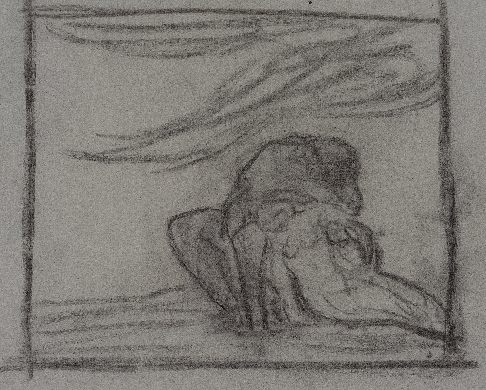 C. WALTHER (1880-1954), Study sheet featuring a mourner, Charcoal: Carl August Walther (1880 Leipzig - 1954 Dresden): Study sheet with mourners, Male nude with lifeless female body, 20th century, Charcoal Technique: Charcoal on Paper Stamp: At the bottom Estate stamp