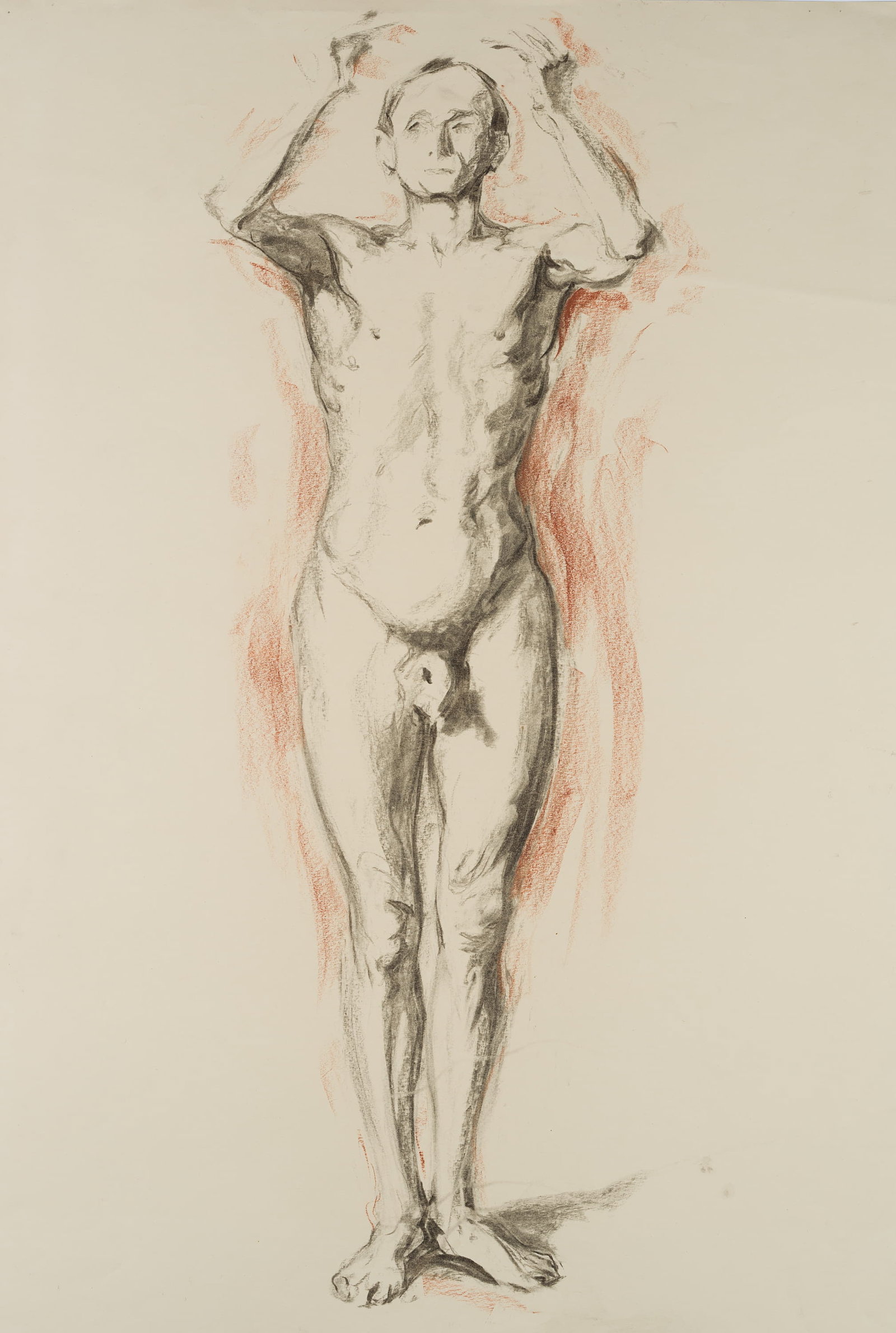 C. WALTHER (1880-1954), Standing male nude, Chalk: Carl August Walther (1880 Leipzig - 1954 Dresden): Standing male nude with raised elbows, 20th century, Chalk Technique: Chalk and Charcoal on Paper Stamp: Lower left Estate stamp, Carl Walther. Dresd