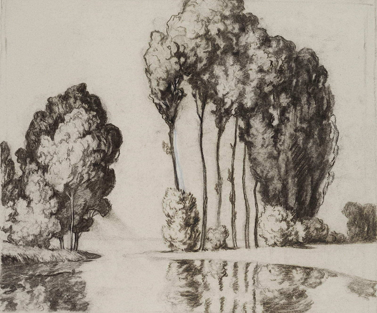 C. WALTHER (1880-1954), Lakeside landscape with poplars, Charcoal (1 of 8)