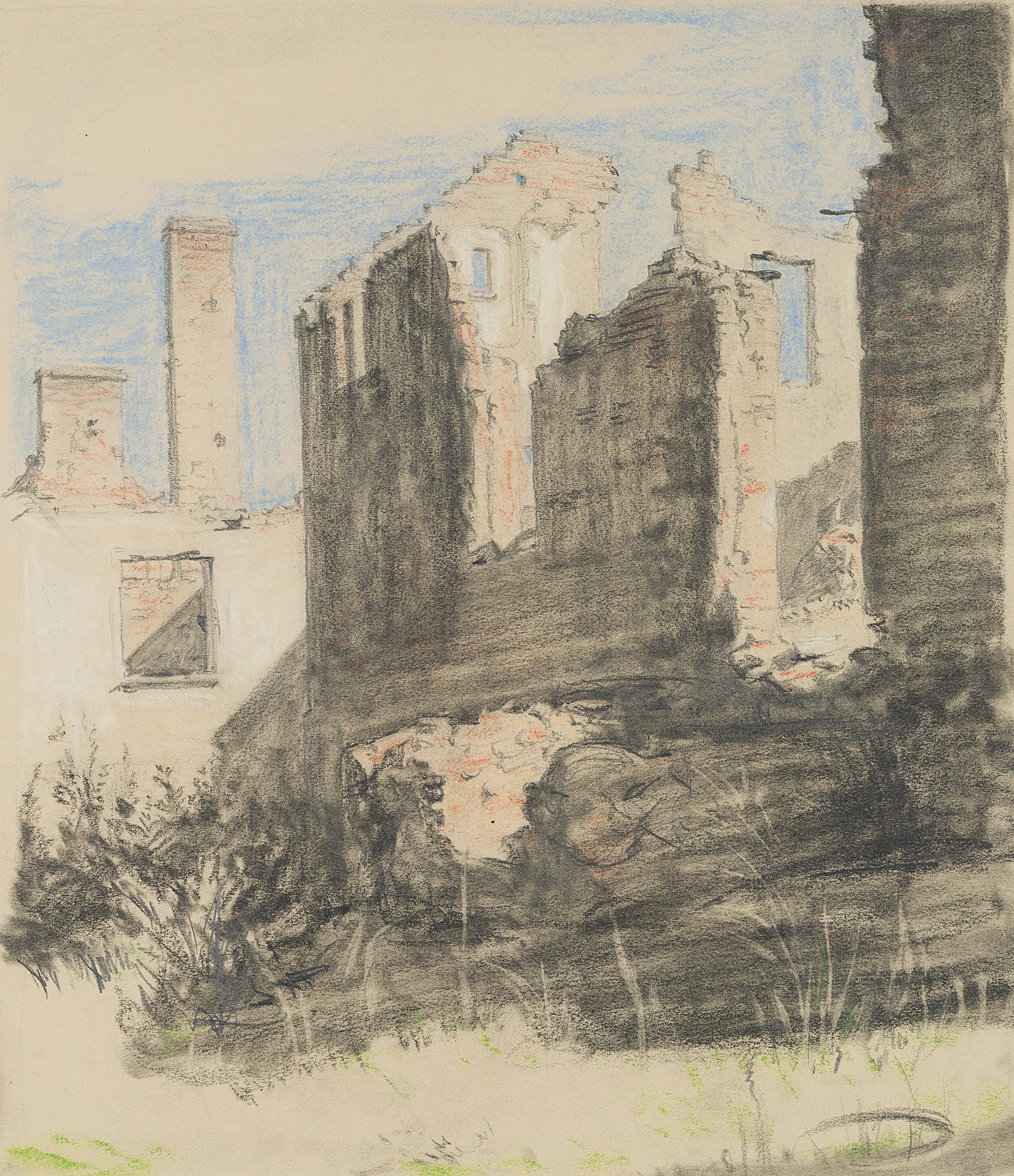 C. WALTHER (1880-1954), Ruins in San Gimignano, Charcoal: Carl August Walther (1880 Leipzig - 1954 Dresden): Ruined houses in San Gimignano, crumbling brick buildings, 20th century, Charcoal Technique: White heightened Charcoal and Chalk on Paper Stamp: Lowe