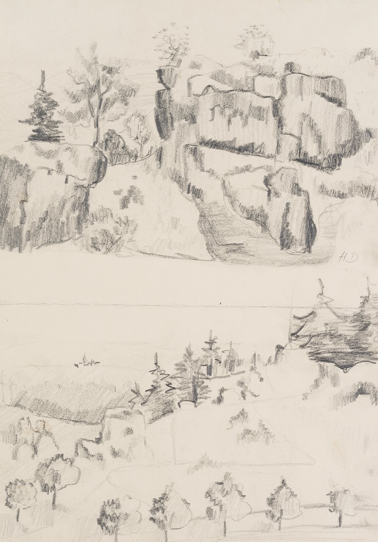H. DIX (1898-1980), Thuringian rocky landscape, around 1938, Pencil: Hedwig Dix (1898 Untermhaus - after 1980 Generate): Thuringian rocky landscape, c. 1938, Pencil Technique: Pencil on Paper Inscription: Middle right monogrammed: "HD". Date: c. 1938 Description: Very 