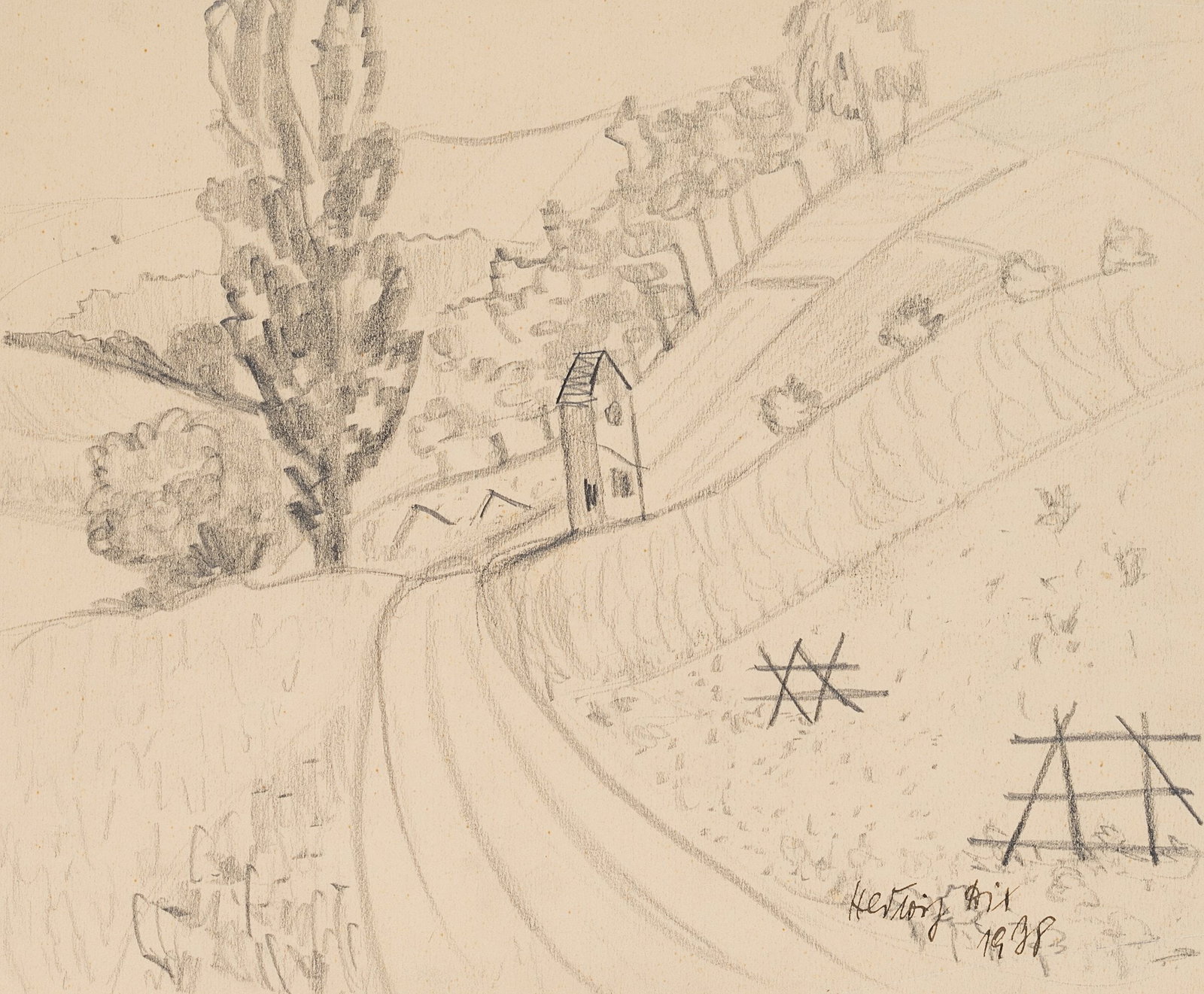 H. DIX (1898-1980), Path with a place of worship, 1938, Pencil (1 of 5)