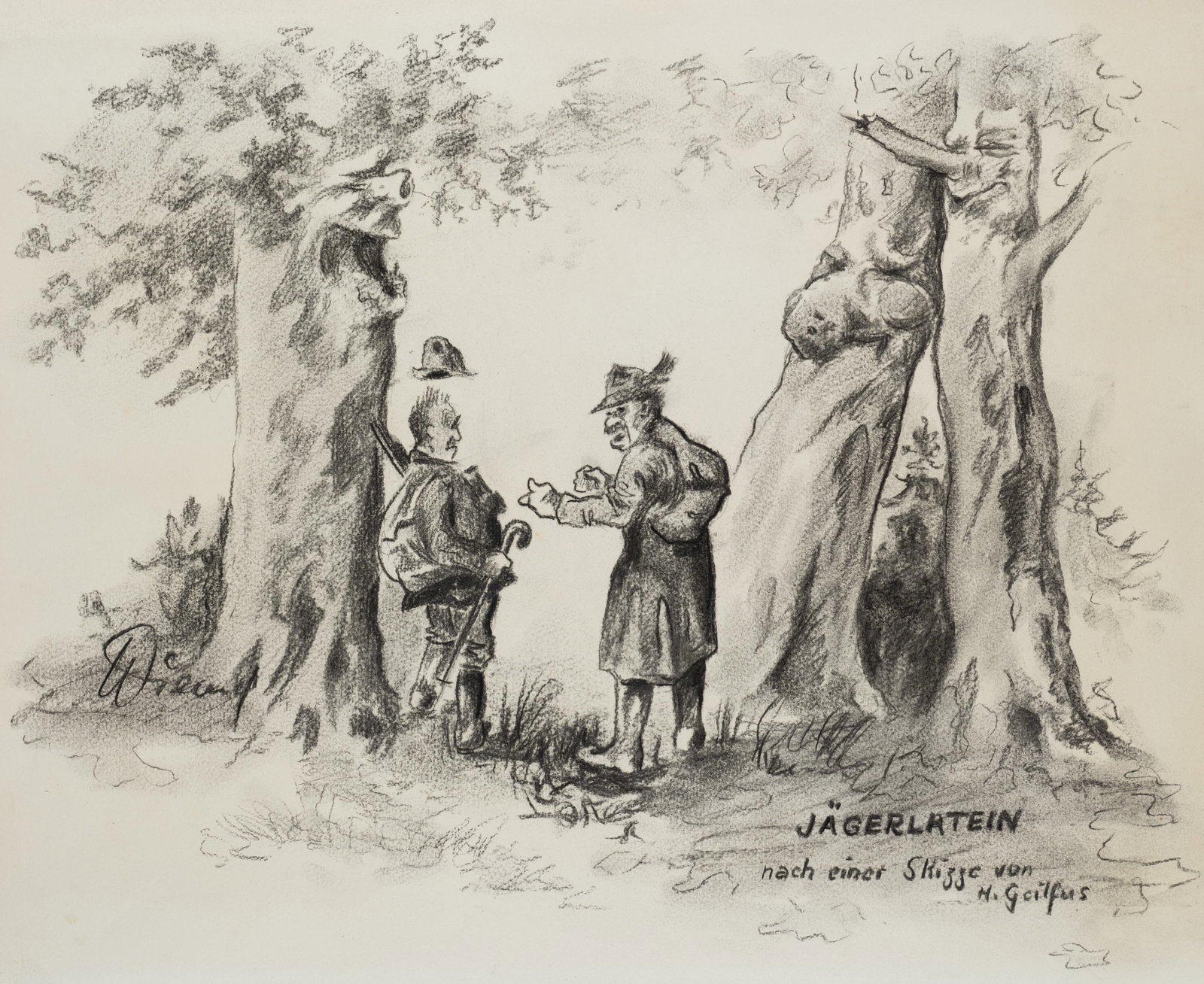 After GEILFUSS (*1890), Hunter’s tall tales. Two hunters amongst the trees, Charcoal (1 of 5)