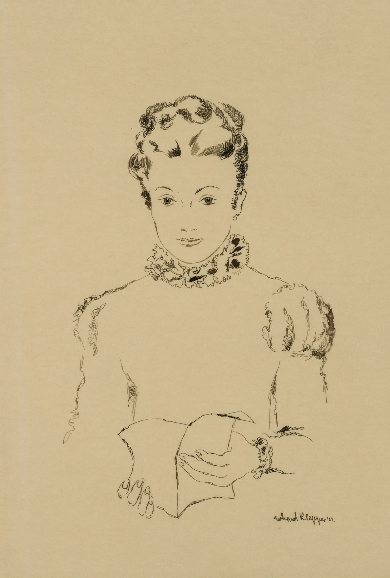 E. KLEPPER (1906-1980), Young woman at a table, 1941, Pen drawing: Erhard Klepper (1906 Bytom - 1980 Berlin): Young beautiful woman at the table, Grisette, 1941, Pen drawing Technique: Pen drawing on Transparent paper, mounted on Paper Date: 1941 Description: Ink dra
