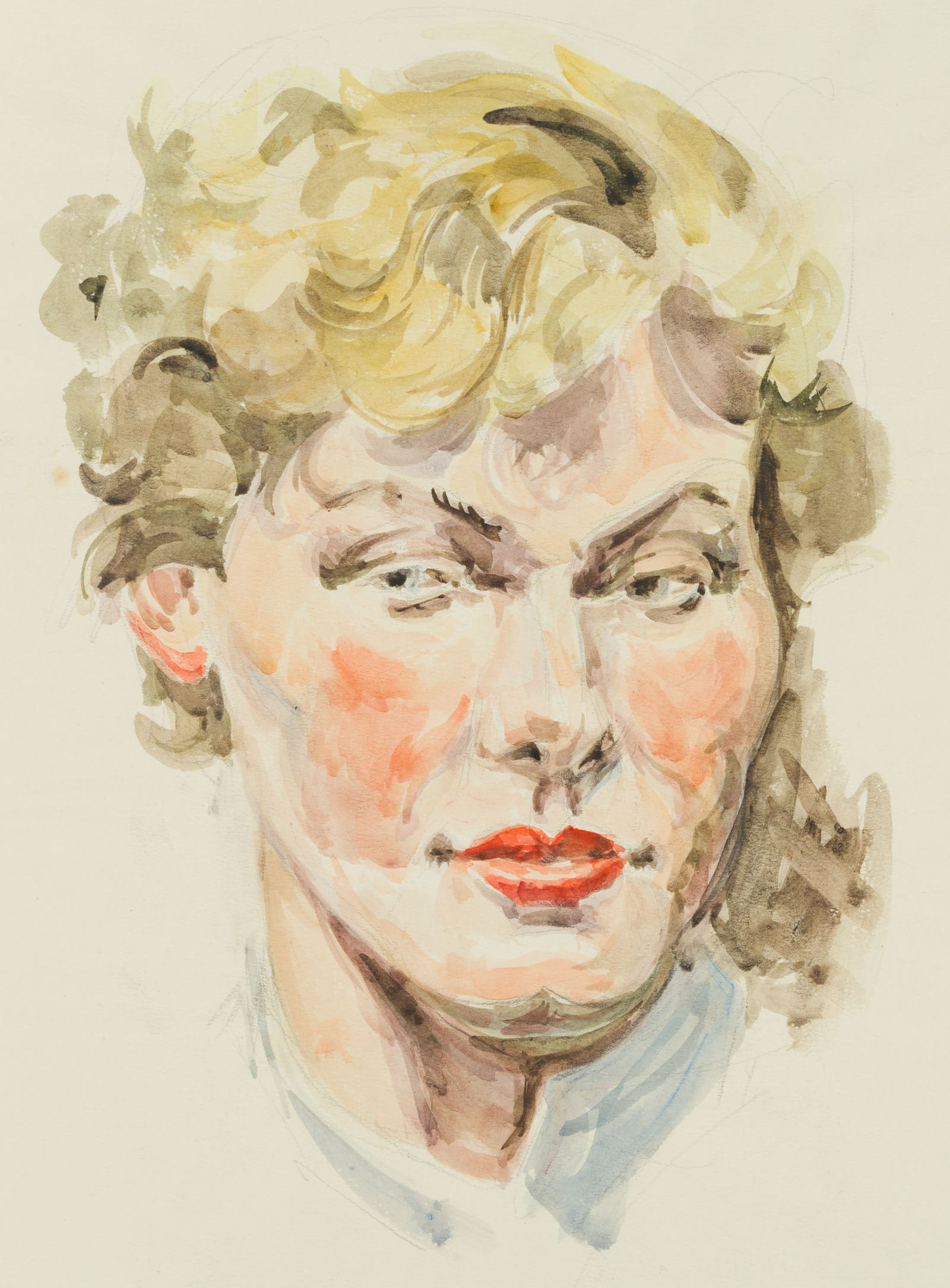 SCHEFFLER (20th), A drag queen or a woman with red lips, around 1930, Watercolor: Scheffler (20th century): Travesty or Portrait of a Woman with Red Lips, c. 1930, Watercolor Technique: Watercolor on Paper Date: c. 1930 Description: Portrait of a young woman with blond, curly hair 