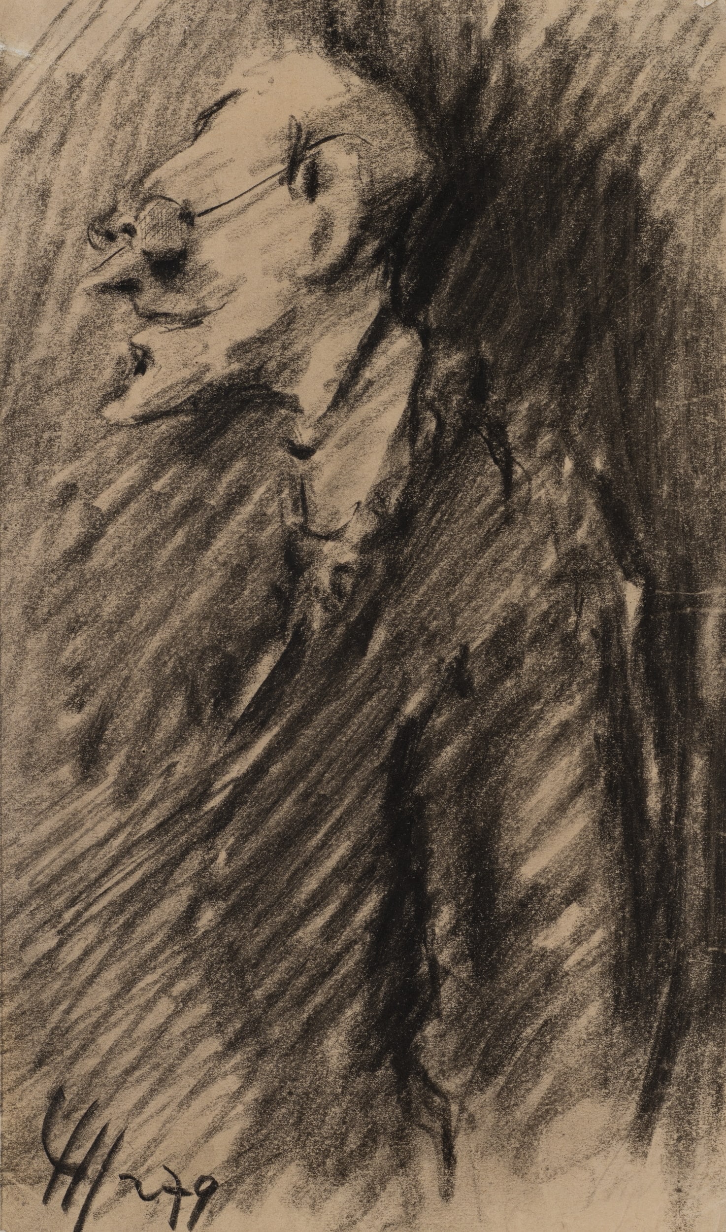 K. WOLF (1901-1993), Male profile, 1927, Charcoal: Karl Wolf (1901 Munich - 1993 ): Male profile with glasses in hatching, 1927, Charcoal Technique: Charcoal on Paper Inscription: lower left signed: "CW". lower left dated: "27 9". Date: 1927 Descripti