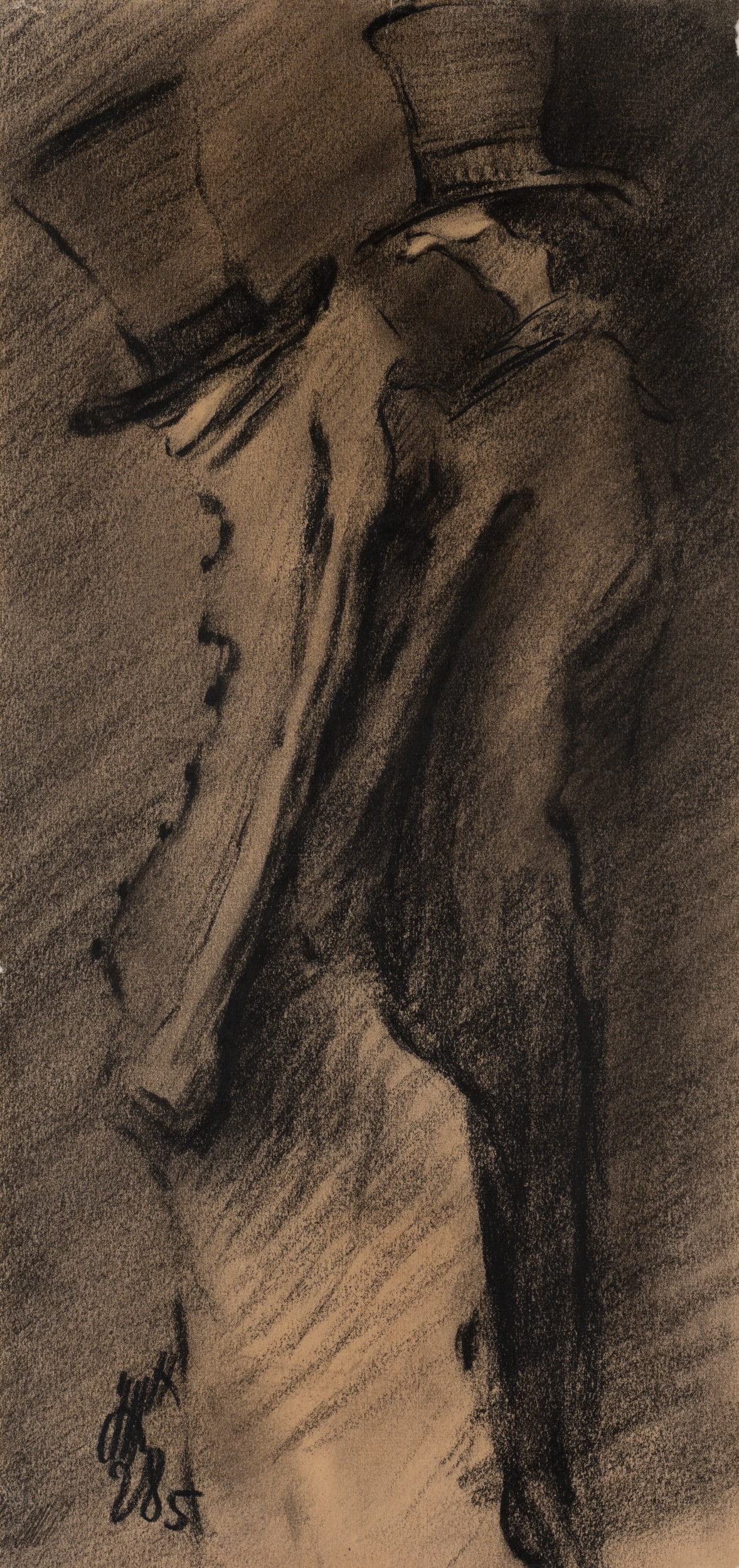 K. WOLF (1901-1993), Two wearing top hats, 1928, Charcoal: Karl Wolf (1901 Munich - 1993 ): Two people with top hats in back view, 1928, Charcoal Technique: Charcoal on Paper Inscription: Lower right monogrammed: "C W". Lower right dated: "28 5". Date: 1928 D