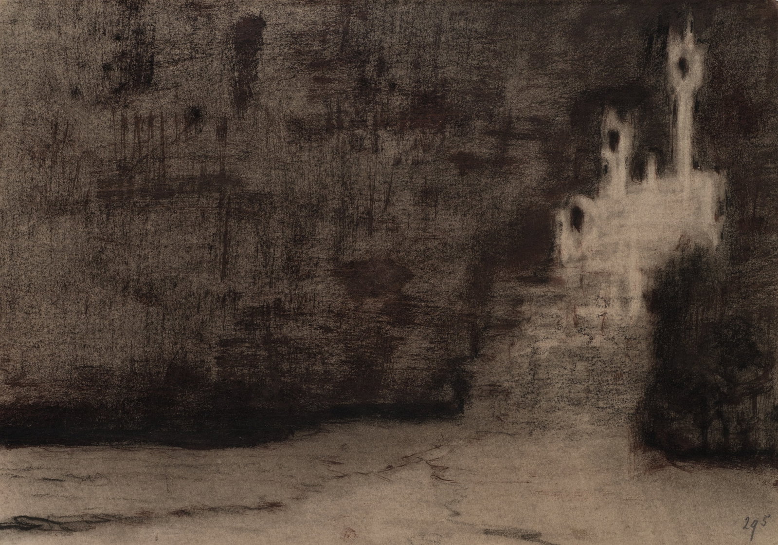 K. WOLF (1901-1993), Gloomy landscape, 1929, Charcoal: Karl Wolf (1901 Munich - 1993 ): Gloomy landscape with castle in the fog, 1929, Charcoal Technique: Charcoal on Paper Inscription: Lower right dated: "29 5". Date: 1929 Description: The picture shows 