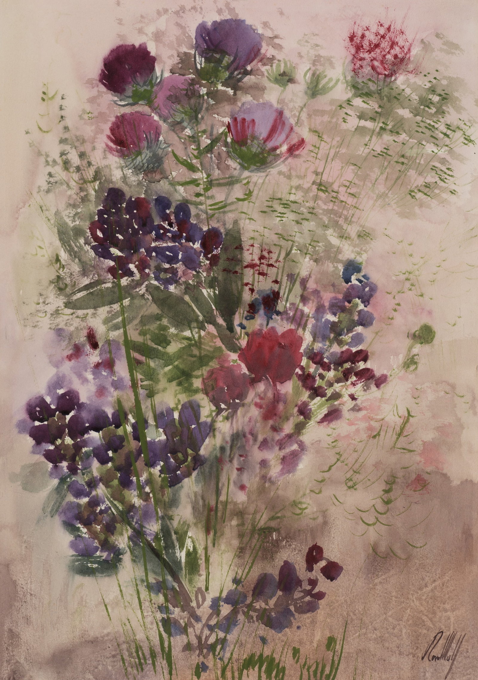 K. WOLF (1901-1993), Floral arrangement, 1942, Watercolor: Karl Wolf (1901 Munich - 1993 ): Lush flower arrangement in watercolour, 1942, Watercolor Technique: Watercolor on Paper Inscription: Lower right signed: "KarlWolf". Verso inscribed by the artist's ha