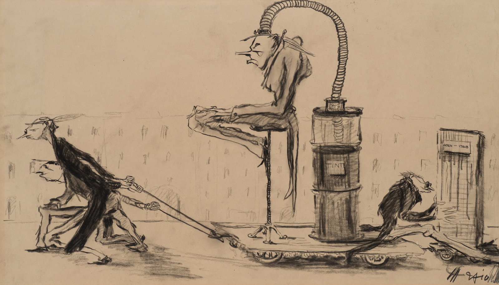 K. WOLF (1901-1993), Satirical machine scene, Charcoal (1 of 6)