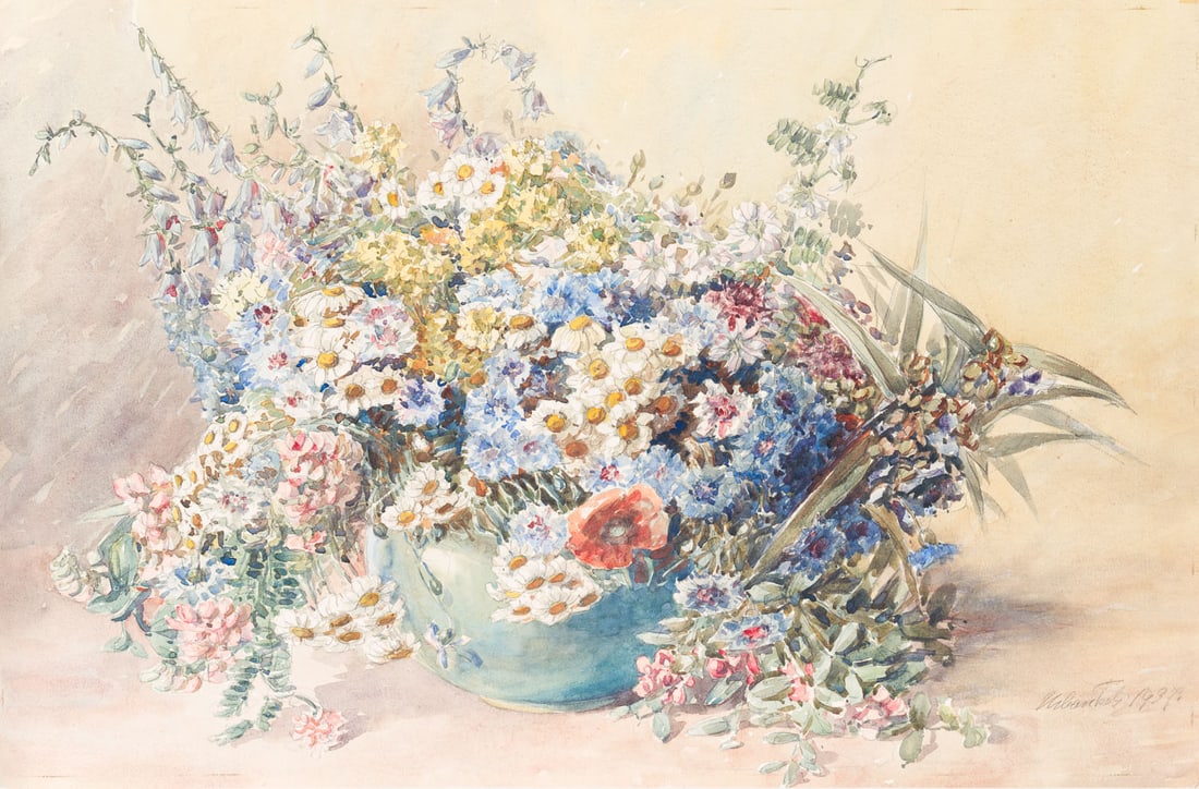 Unknown (20th), Still life with wildflowers in a vase, 1937, Watercolor (1 of 5)