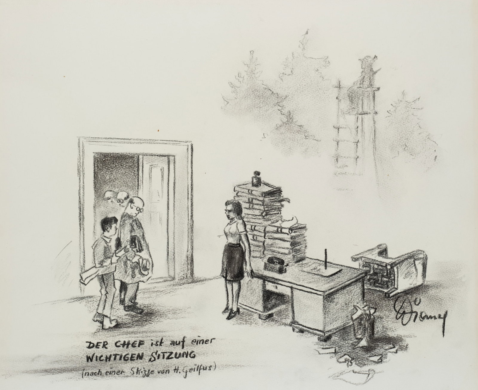 After GEILFUSS (*1890), The thrill of the hunt instead of office chaos, Charcoal: After Heinz Geilfuss (1890 Pouring - 1956 Bad Nauheim): "The boss is at an important meeting" - humorous depiction of the boss's absence from the office, 20th century, Charcoal Technique: Charcoal on 