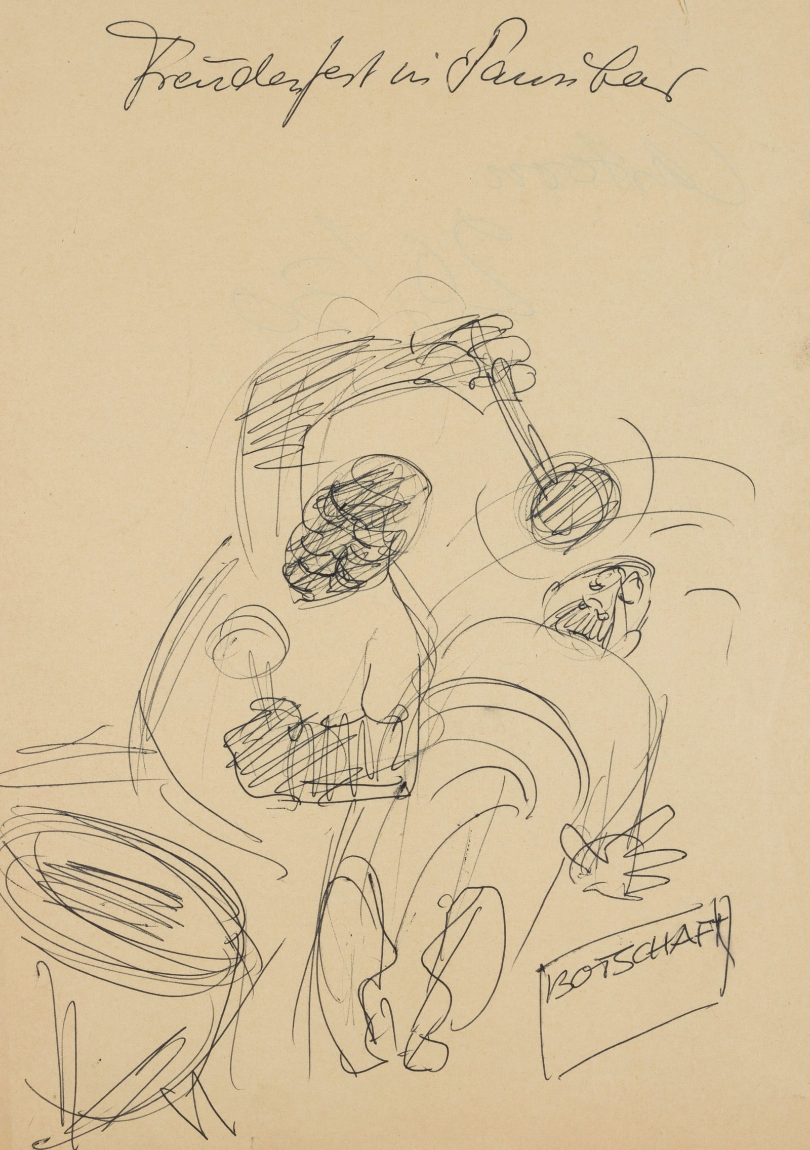 KAY (*1923), Cartoon: A celebration in Zanzibar, around 1963, Ball point: Kay: Paul Labowsky (born 1923 Berlin): Caricature, Celebration in Zanzibar Timpani player and fainting man, c. 1963, Ball point Technique: Ball point on Paper Inscription: Inscribed by the artist's ha