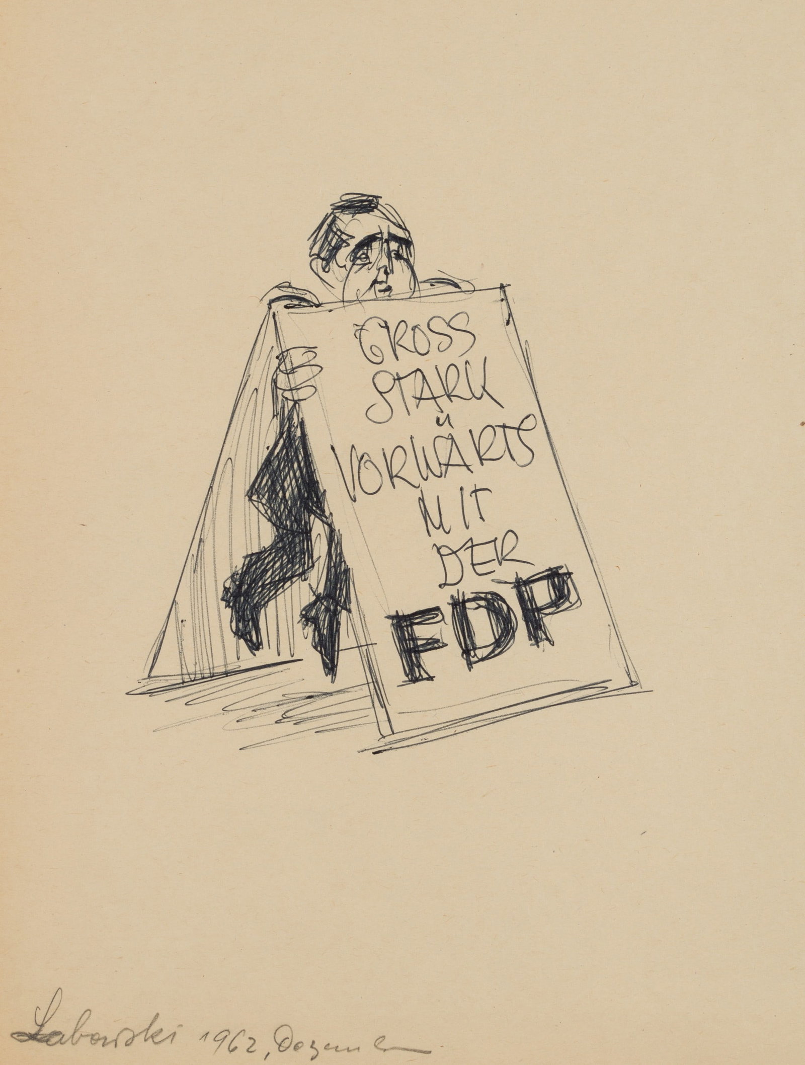 KAY (*1923), Cartoon: Full steam ahead with the FDP, 1962, Ball point: Kay: Paul Labowsky (born 1923 Berlin): Caricature, Big Strong Forward with the FDP, 1962, Ball point Technique: Ball point on Paper Inscription: lower left inscribed by another person: "Labowski 1962,